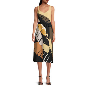 Worthington Womens Sleeveless Leaf Midi A-Line Dress