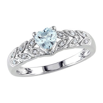 Womens Diamond Accent Genuine Blue Aquamarine Sterling Silver Heart Engagement Ring