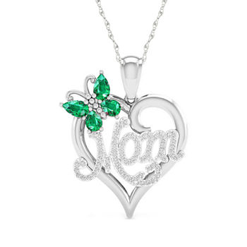 Mom Womens Lab Created Green Emerald Sterling Silver Heart Pendant Necklace