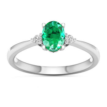 Womens Genuine Green Emerald 10K White Gold 3-Stone Cocktail Ring
