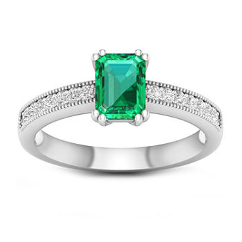 Womens Genuine Green Emerald 10K White Gold Cocktail Ring