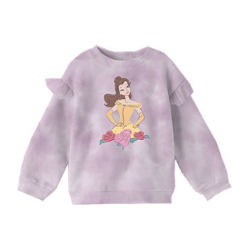Disney Collection Little & Big Girls Crew Neck Long Sleeve Beauty and the Beast Belle Princess Fleece Sweatshirt