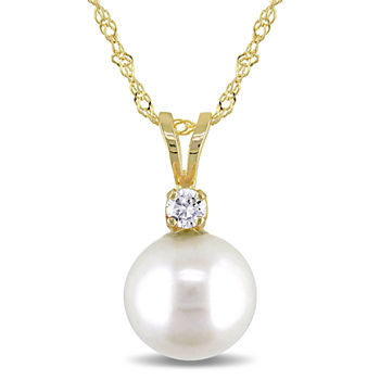 Cultured Freshwater Pearl & Diamond Accent 14K Yellow Gold Pendant Necklace