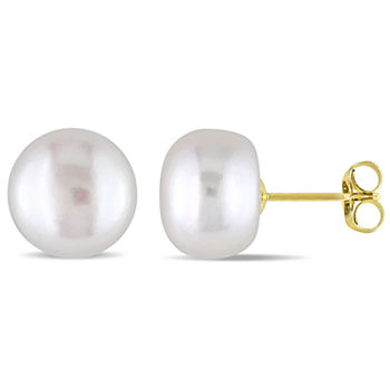 White Cultured Freshwater Button Pearl 10K Yellow Gold Earrings