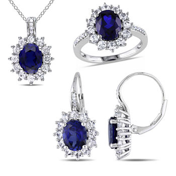 Lab-Created Blue Sapphire and Diamond Sterling Silver Earring, Ring, and Pendant Necklace 3-Piece Set