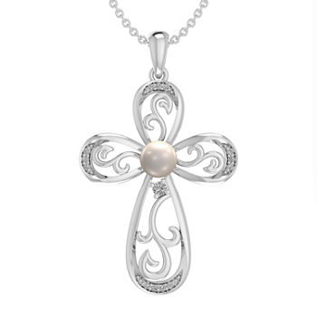 Womens White Cultured Freshwater Pearl Sterling Silver Cross Pendant Necklace