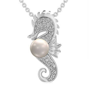 Seahorse Womens White Cultured Freshwater Pearl Sterling Silver Pendant Necklace