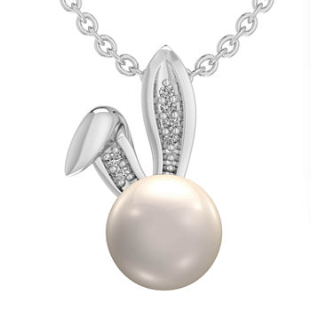 Bunny Ears Womens White Cultured Freshwater Pearl Sterling Silver Pendant Necklace
