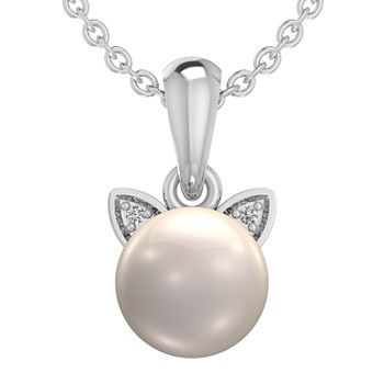 Cat Ears Womens White Cultured Freshwater Pearl Sterling Silver Pendant Necklace