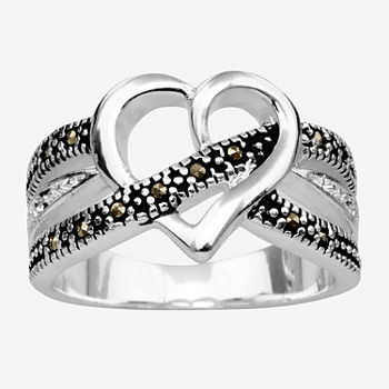 Sparkle Allure Marcasite Pure Silver Over Brass Heart Cocktail Ring
