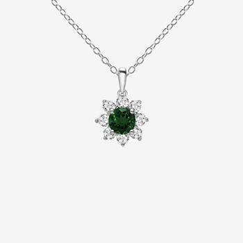Womens Genuine Green Chrome Diopside Sterling Silver Flower Pendant Necklace