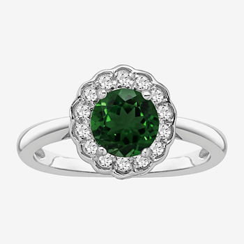 Womens Genuine Green Chrome Diopside Sterling Silver Halo Cocktail Ring