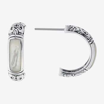 Bali Inspired White Mother Of Pearl Sterling Silver 20.3mm Hoop Earrings