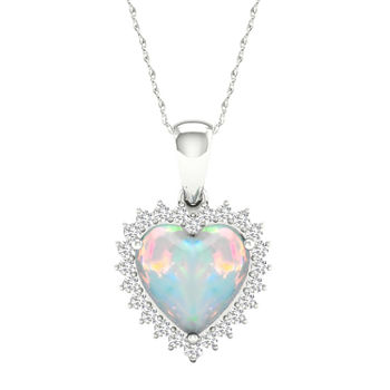Womens Lab Created Multi Color Opal Sterling Silver Heart Pendant Necklace