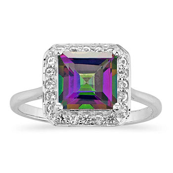 Womens Genuine Green Topaz Sterling Silver Square Halo Cocktail Ring
