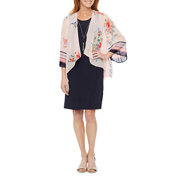 Studio 1 Petite 3/4 Sleeve Floral Faux-Jacket Dress with Attached Necklace