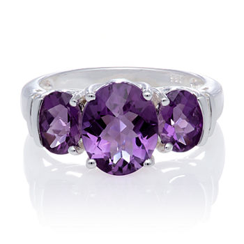 Genuine Amethyst and White Topaz Sterling Silver 3 Stone Ring