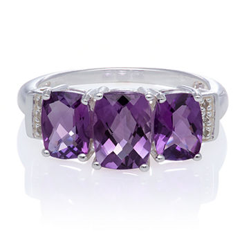 Genuine Amethyst and Diamond Accent Sterling Silver 3 Stone Ring
