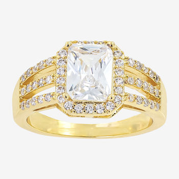 Sparkle Allure Cubic Zirconia 14K Gold Over Brass Rectangular Halo Engagement Ring