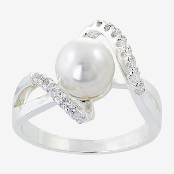 Sparkle Allure Cubic Zirconia Simulated Pearl Pure Silver Over Brass Bypass  Band