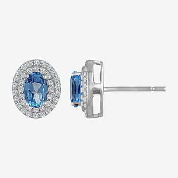 Genuine Blue Topaz & Lab-Created White Sapphire Double Halo Sterling Silver Stud Earrings