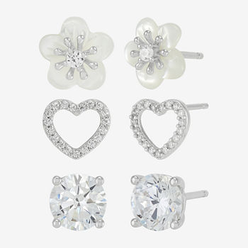 Diamonart White Cubic Zirconia Sterling Silver Heart 3 Pair Earring Set