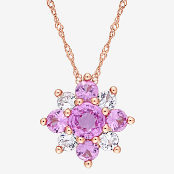 Womens Genuine Pink Sapphire 14K Rose Gold Flower Pendant Necklace