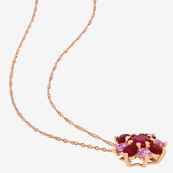 Womens Lead Glass-Filled Red Ruby 14K Rose Gold Flower Pendant Necklace