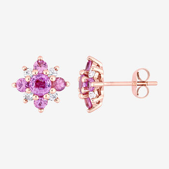 Genuine Pink Sapphire 14K Rose Gold 10.9mm Flower Stud Earrings