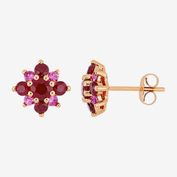 Lead Glass-Filled Red Ruby 14K Rose Gold 10.5mm Flower Stud Earrings