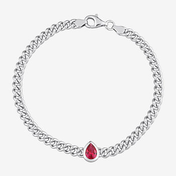 Womens Lab Created Red Ruby Sterling Silver 7.5 Inch Solid Curb Chain Bracelet