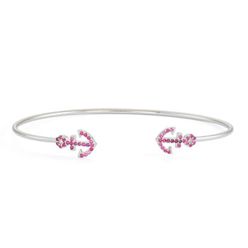 Simulated Ruby Sterling Silver Anchor Bangle Bracelet