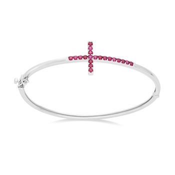 Sterling Silver Bangle Bracelet with Simulated Ruby Cross