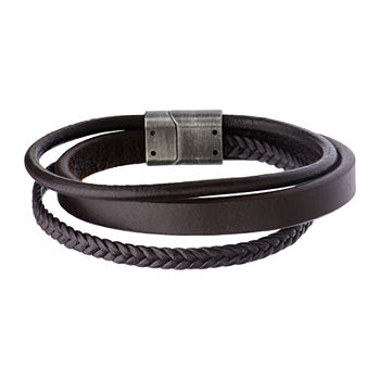 Inox® Jewelry Mens Stainless Steel & Brown Leather Layered Bracelet