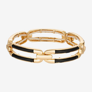 Worthington Black Leather & Gold Tone Link Stretch Bracelet