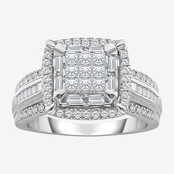 Womens 1 CT. T.W. Genuine White Diamond 10K White Gold Side Stone Halo Engagement Ring