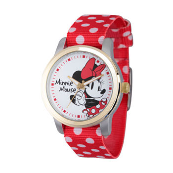 Disney® Womens Minnie Mouse Red And White Polka Dot Strap Watch