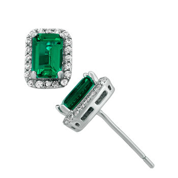 Lab-Created Emerald-Cut Emerald & Cubic Zirconia Sterling Silver Earrings