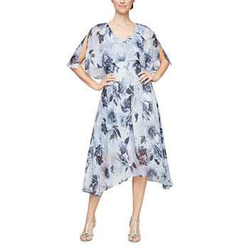 S. L. Fashions Split Sleeve Popover Floral Midi Fit + Flare Dress