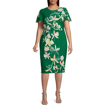 Liz Claiborne Short Sleeve Floral Midi A-Line Dress Plus