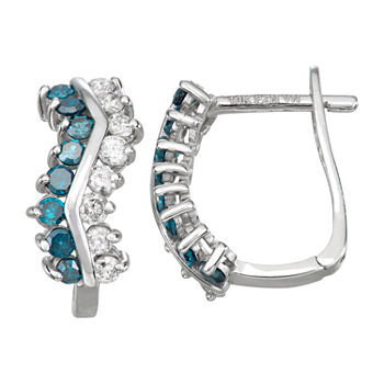 5/8 CT.T.W. Blue and White Diamond 14mm Huggie Hoop Earrings in 10K White Gold