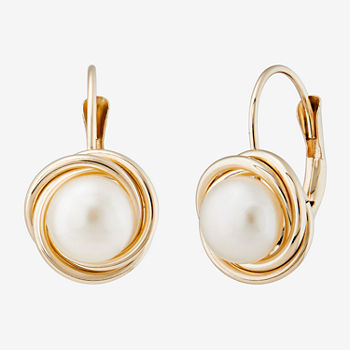 Genuine White Cultured Freshwater Pearl 10K Gold Drop Earrings