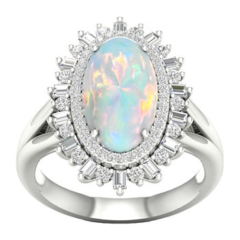 Womens Lab Created White Opal Sterling Silver Halo Cocktail Ring