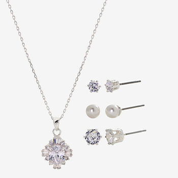 Sparkle Allure Light Up Box 4-pc. Cubic Zirconia Simulated Pearl Pure Silver Over Brass Oval Jewelry Set