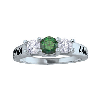 Personalized Simulated Birthstone and Cubic Zirconia 3-Stone Engraved Ring