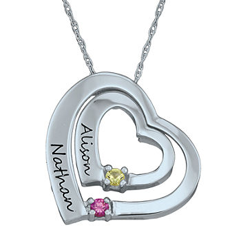 Personalized Simulated Birthstone Engraved Double Heart Pendant Necklace