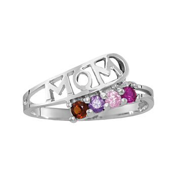 Personalized Sterling Silver Simulated  Birthstone Mom Ring