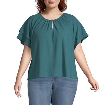 a.n.a Plus Womens Keyhole Neck Short Sleeve Peasant Top