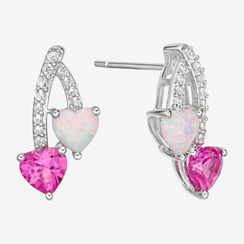 Lab Created Pink Opal Sterling Silver Heart Drop Earrings
