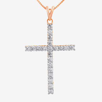 Womens 1 CT. T.W. Genuine White Diamond 10K Rose Gold Cross Pendant Necklace